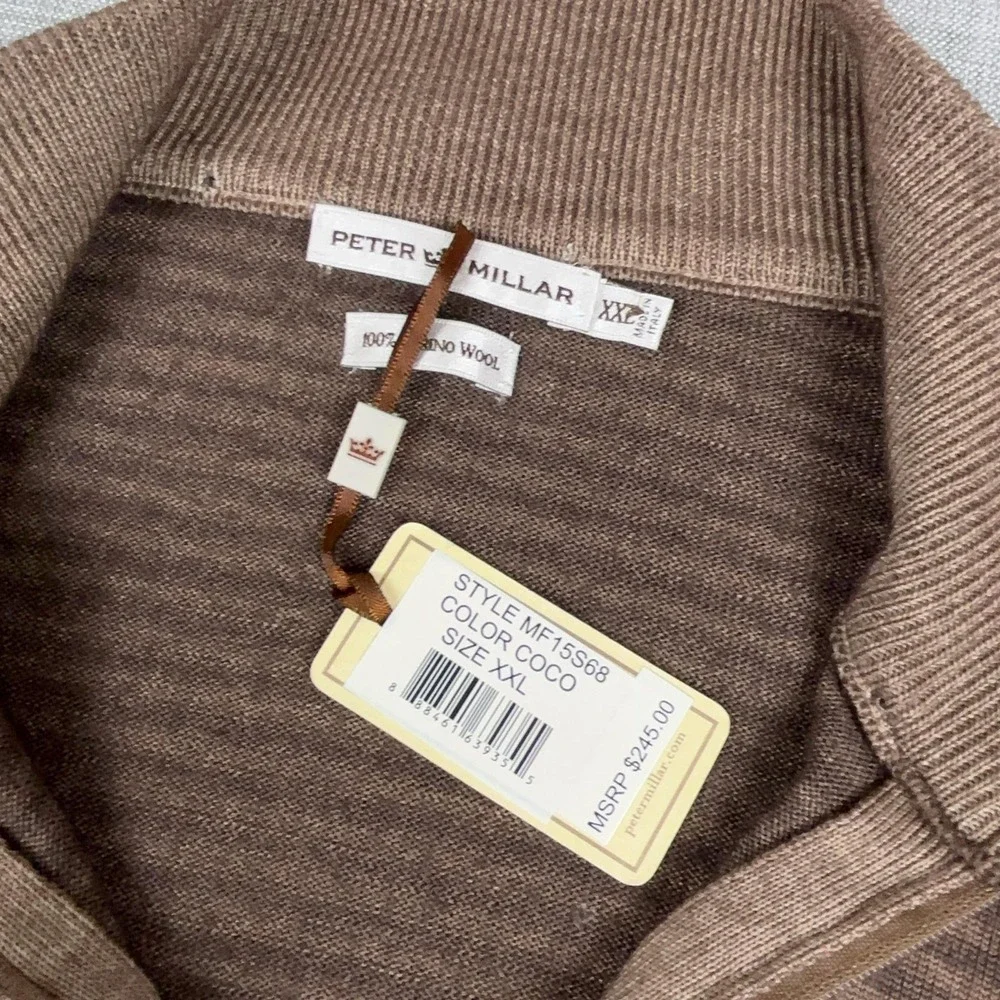 Peter Millar Sweater Mens 2XL Brown 1/4 Zip Mock Neck Merino Wool Striped Italy
